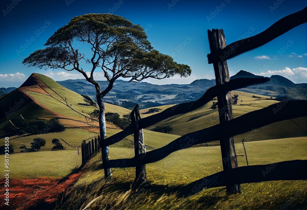 Fence and tree in the foreground with blue sky and hill in the background. Green mountains of Serra da Mantiqueira in the state of Minas Gerais, Brazil. Generative AI