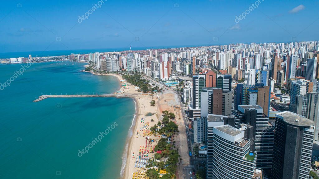 Fortaleza, Ceara / Brazil - Circa Octuber 2019: Aerial view over Beira Mar, Fortaleza. Buildings landscape on the shore. Beiramar, Fortaleza.